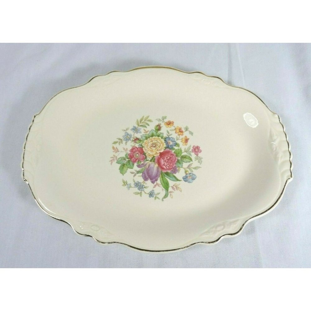 Vintage 1949 Homer Laughlin Virginia Rose Shape Floral Center Platter Gold Rim